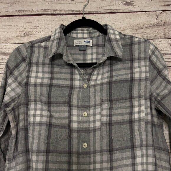 Old Navy Classic Grey White Plaid Button Up Medium - Picture 5 of 6